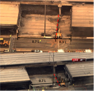 An aerial image of collapsed sections of two different bridges following a fire event